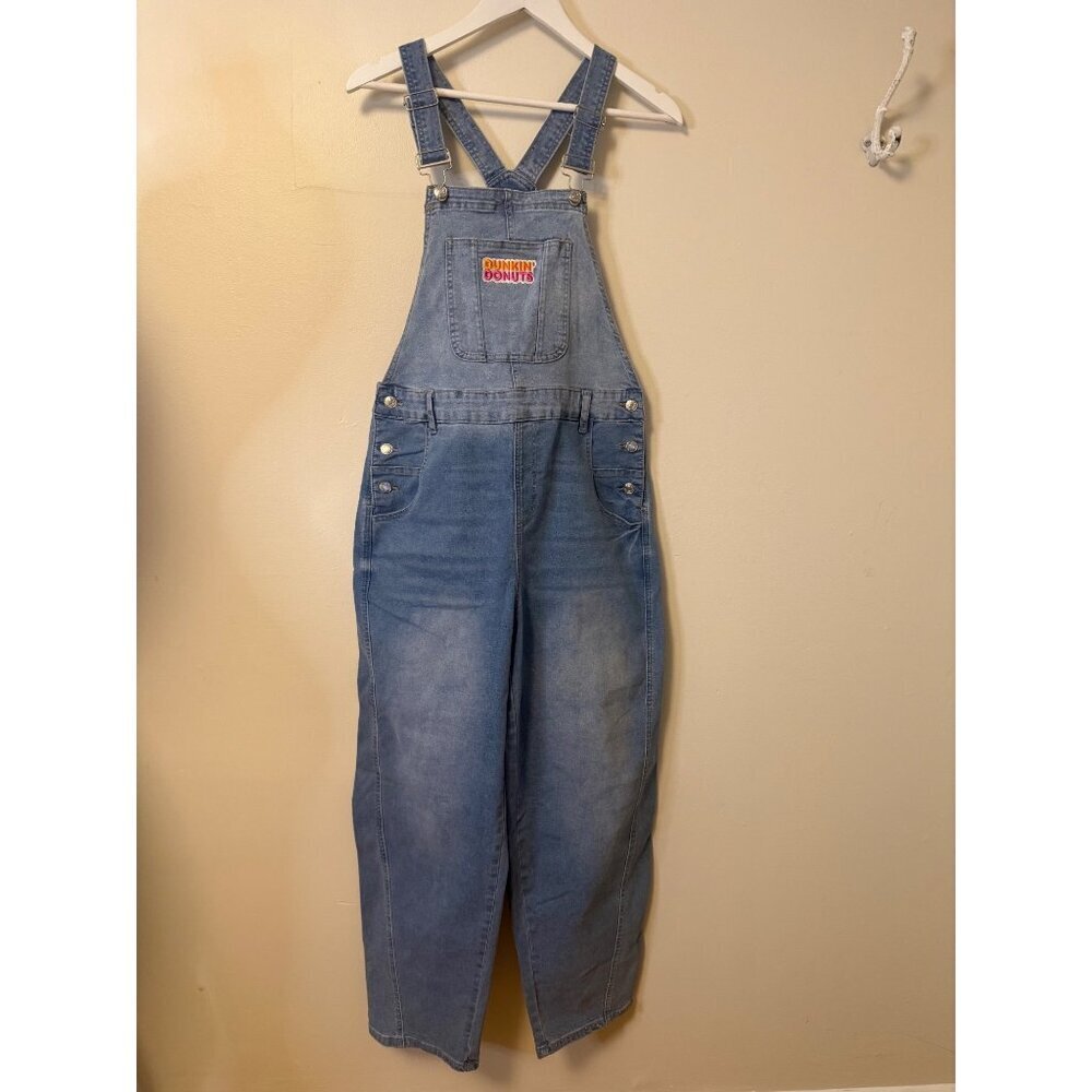 Dunkin Donuts Womens Denim Overalls With Logo Patch Baggy Barrel Leg Small